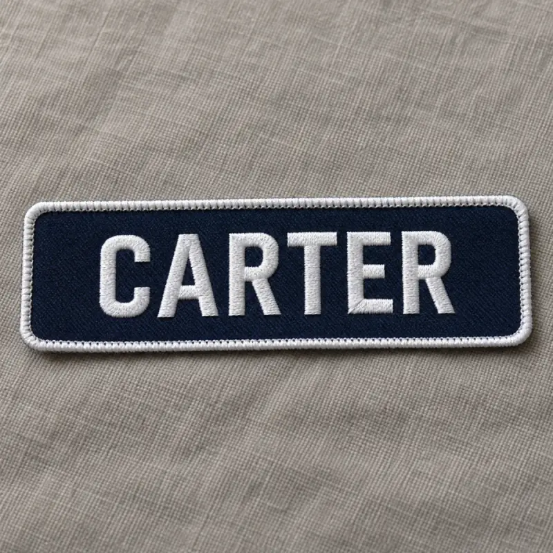 Navy embroidered CARTER name patch with a white merrow border.