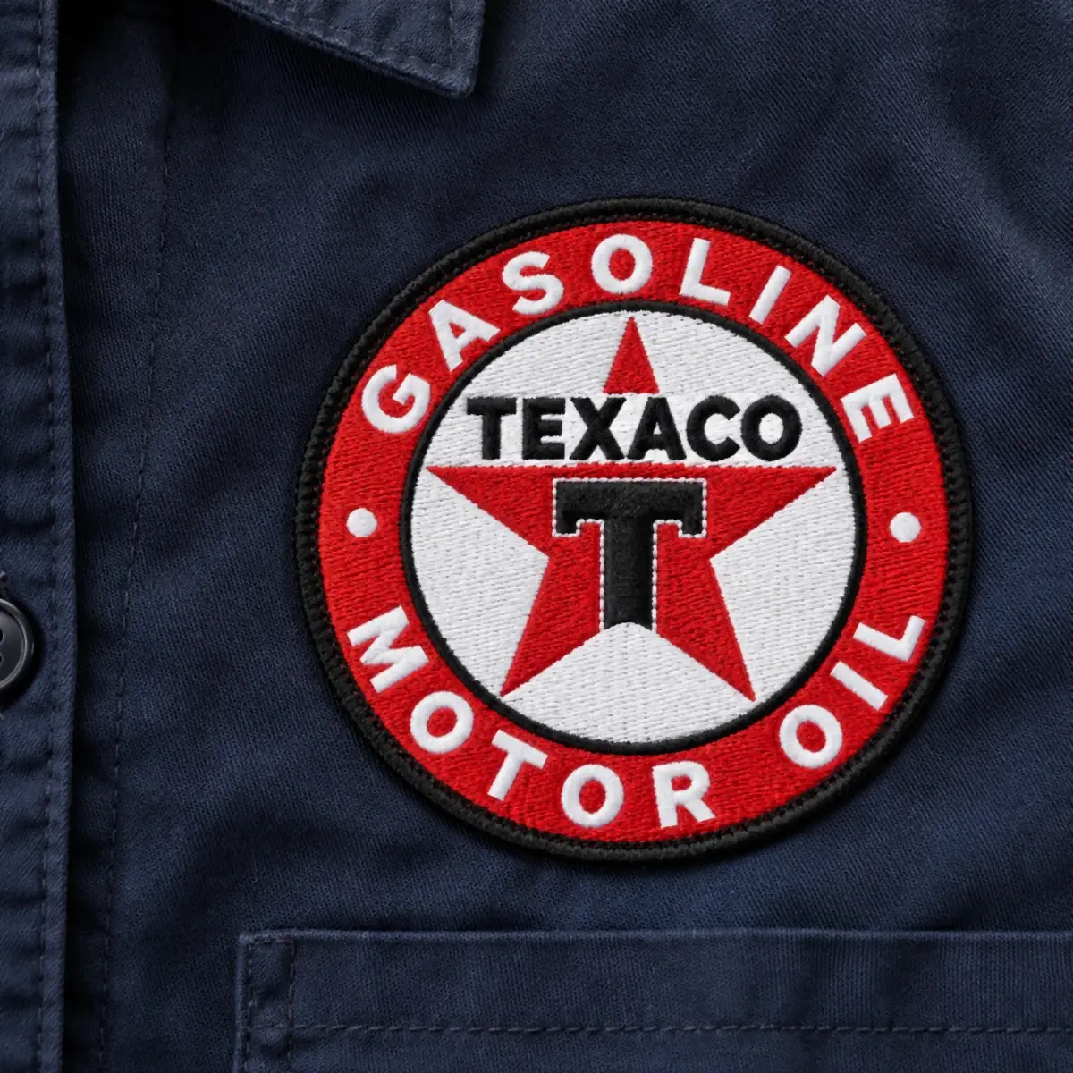 Round embroidered Gasoline Motor Oil logo patch with a red star on a navy work shirt.