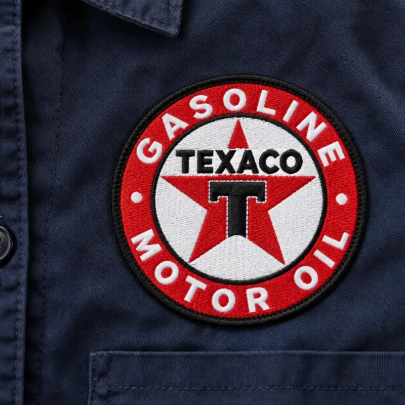 Round embroidered Gasoline Motor Oil logo patch with a red star on a navy work shirt.