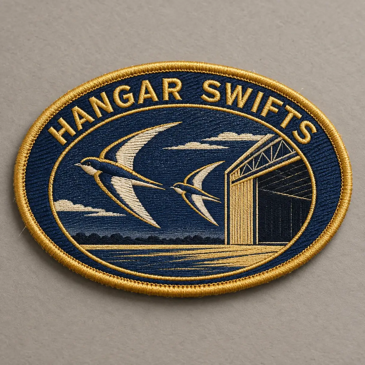 Oval embroidered Hangar Swifts patch with two swifts flying past a hangar, gold border.