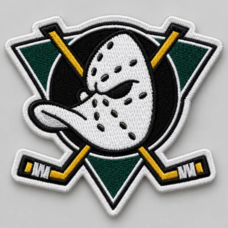 Embroidered hockey mask emblem patch with crossed sticks on a green triangle.