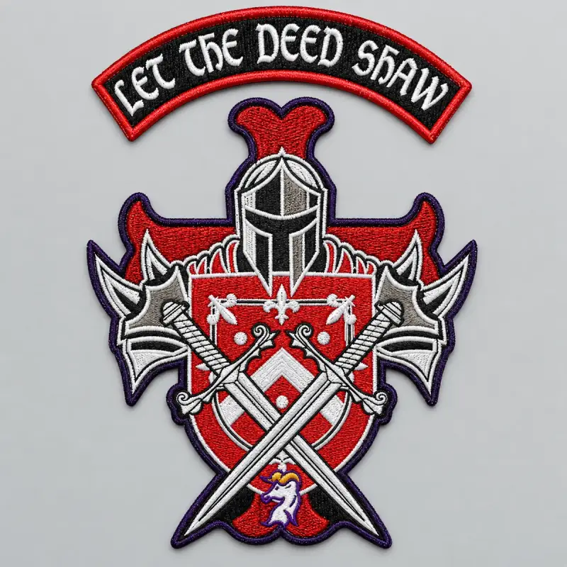Embroidered crest back patch with a knight's helmet over crossed swords on a red shield.