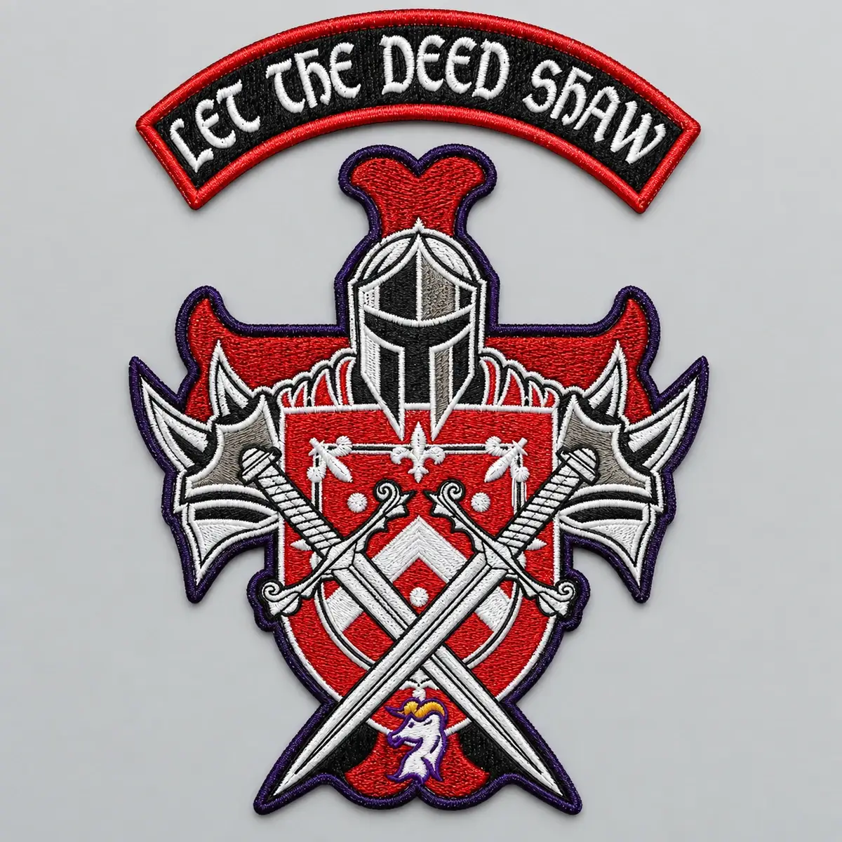 Embroidered crest back patch with a knight's helmet over crossed swords on a red shield.