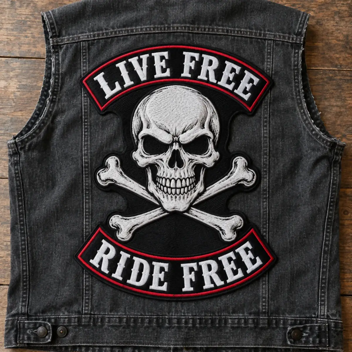 Embroidered Live Free Ride Free rockers around a skull and crossbones on a black denim vest.