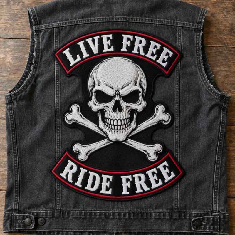 Embroidered Live Free Ride Free rockers around a skull and crossbones on a black denim vest.