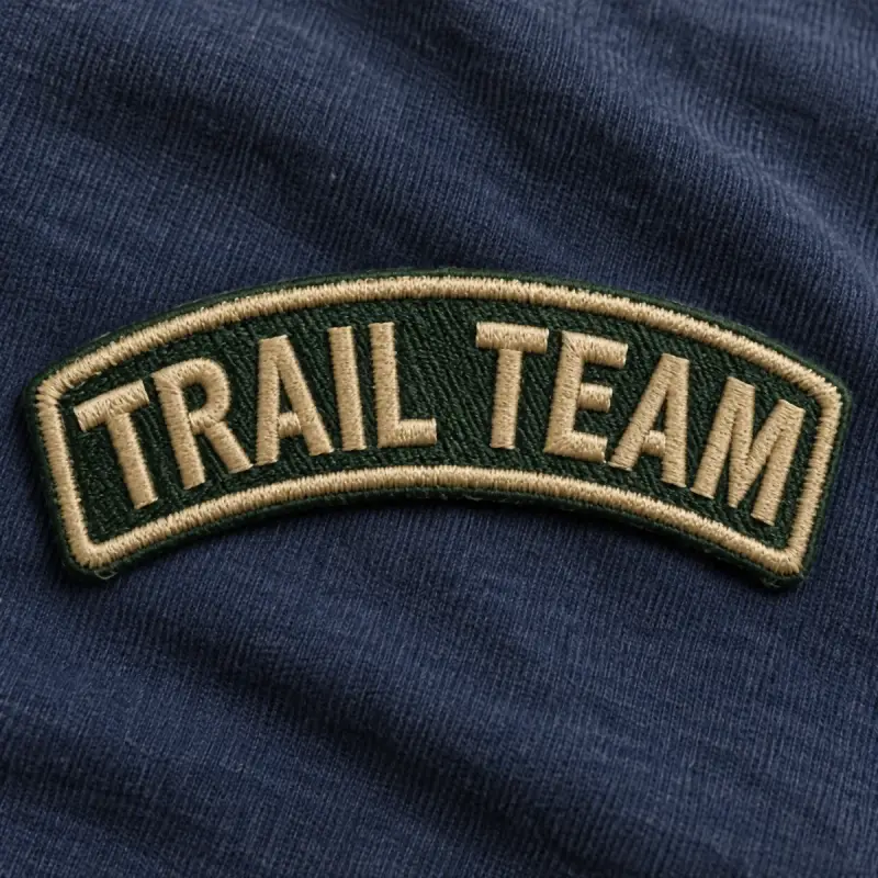 Green embroidered Trail Team rocker patch on navy fabric.
