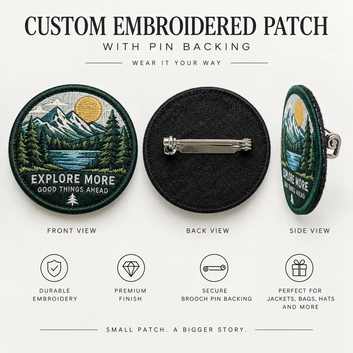 Round Explore More patch in front, back and side views showing the brooch pin.