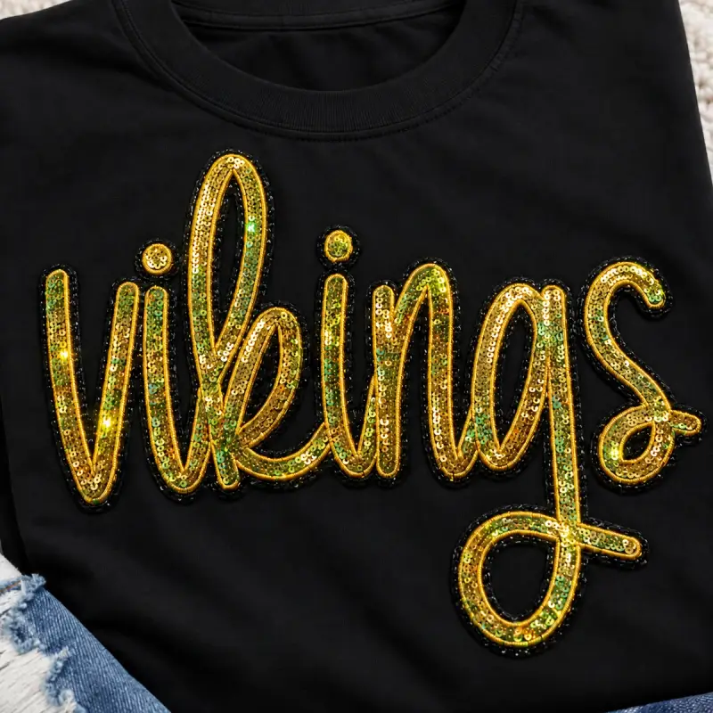 Gold sequin Vikings script patch on a black shirt.