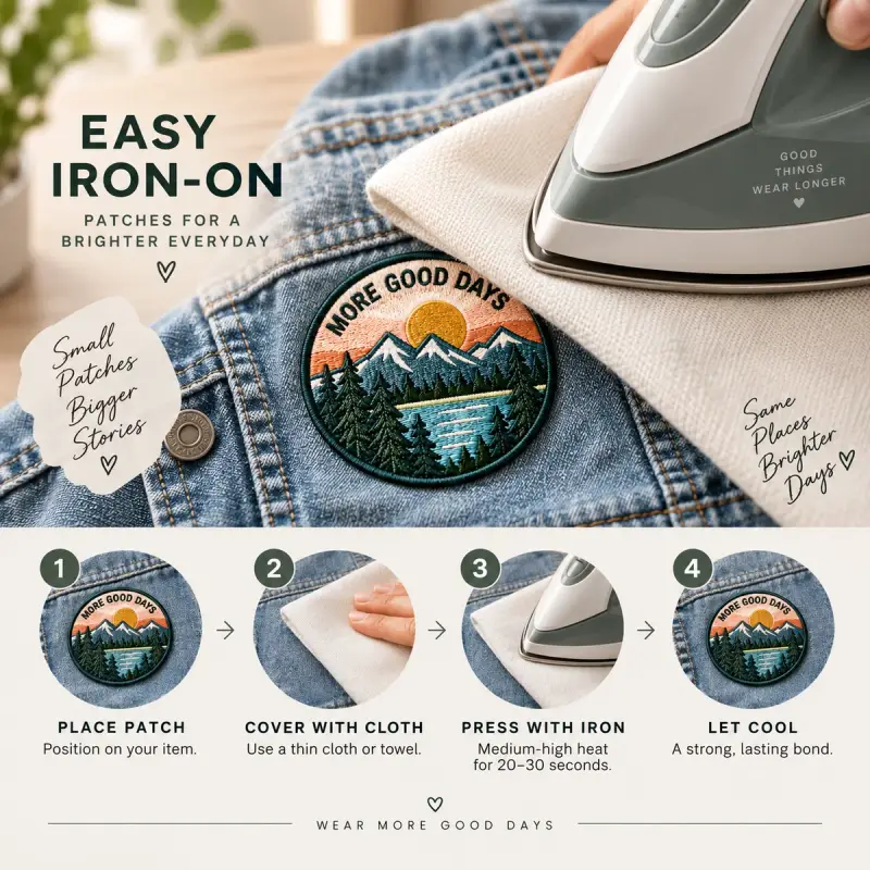 More Good Days patch on a denim jacket with four iron-on steps: place, cover, press, cool.
