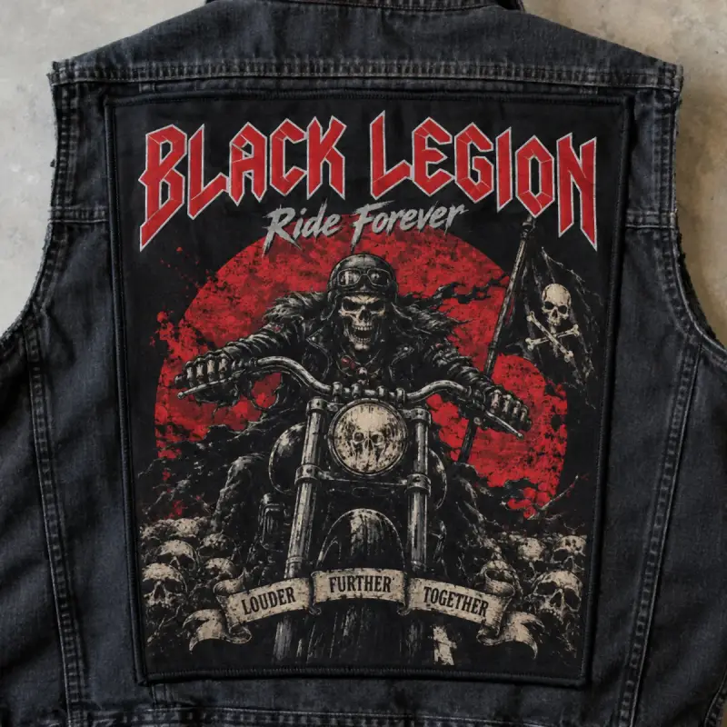 Printed Black Legion Ride Forever back patch with a skeleton rider on a black denim vest.