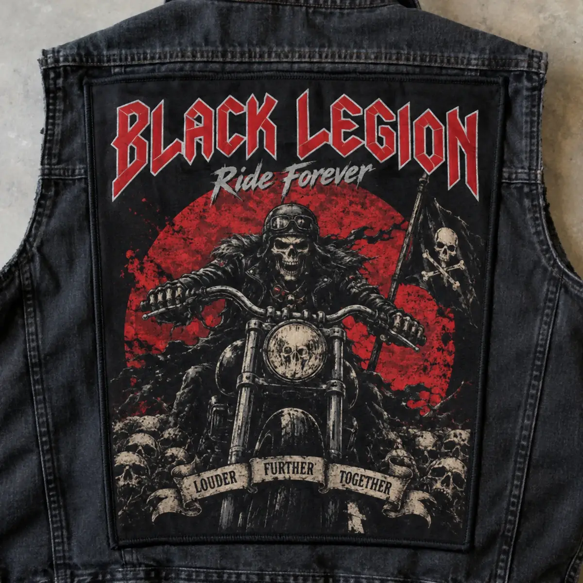Printed Black Legion Ride Forever back patch with a skeleton rider on a black denim vest.
