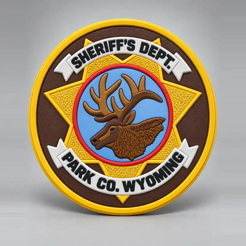 Molded PVC Sheriff's Dept. Park Co. Wyoming patch with an elk on a gold star.