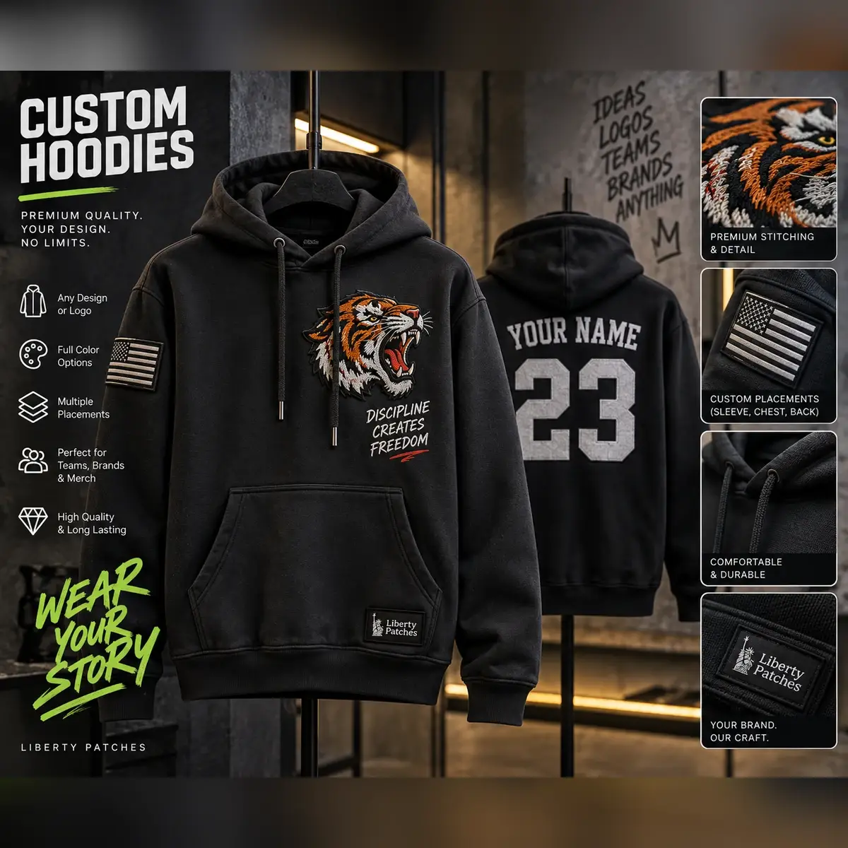 Black hoodie with an embroidered tiger patch beside a hoodie printed with a name and 23.