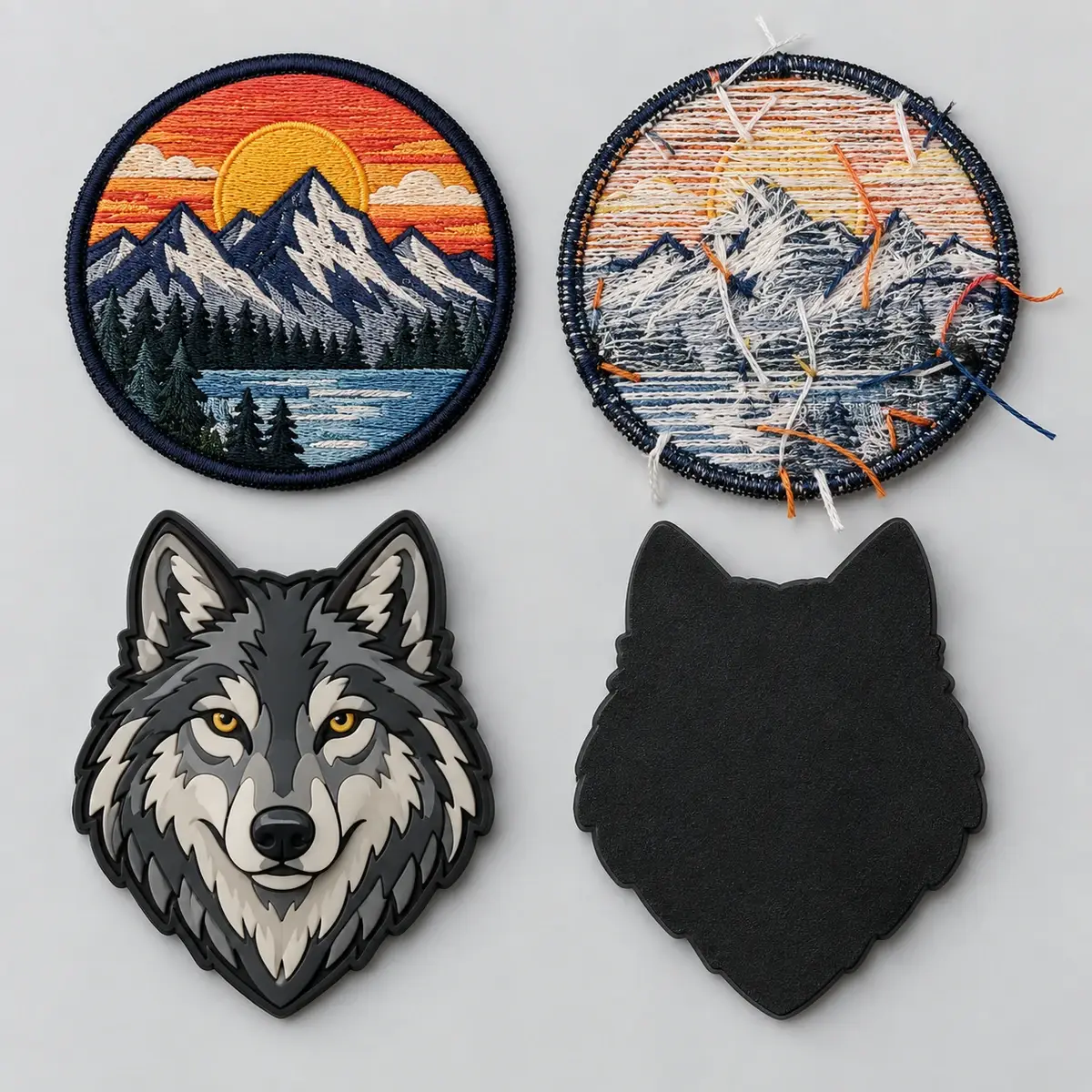 Embroidered sunset patch with its unbacked reverse, and a PVC wolf patch with its smooth back.