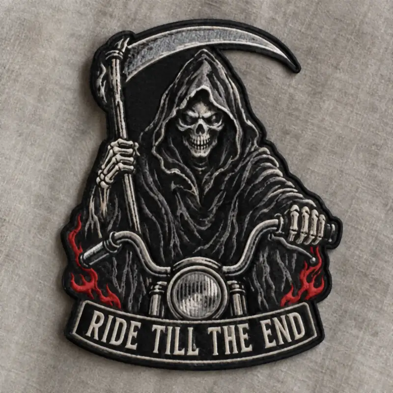 Embroidered Ride Till The End patch with the grim reaper on a motorcycle.