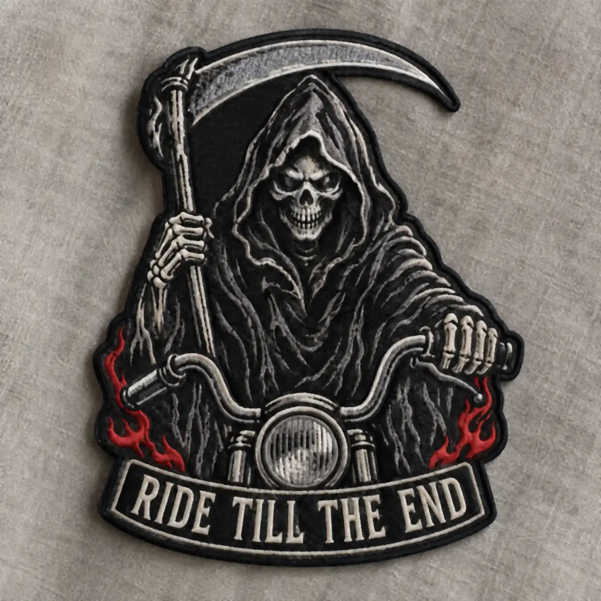 Embroidered Ride Till The End patch with the grim reaper on a motorcycle.