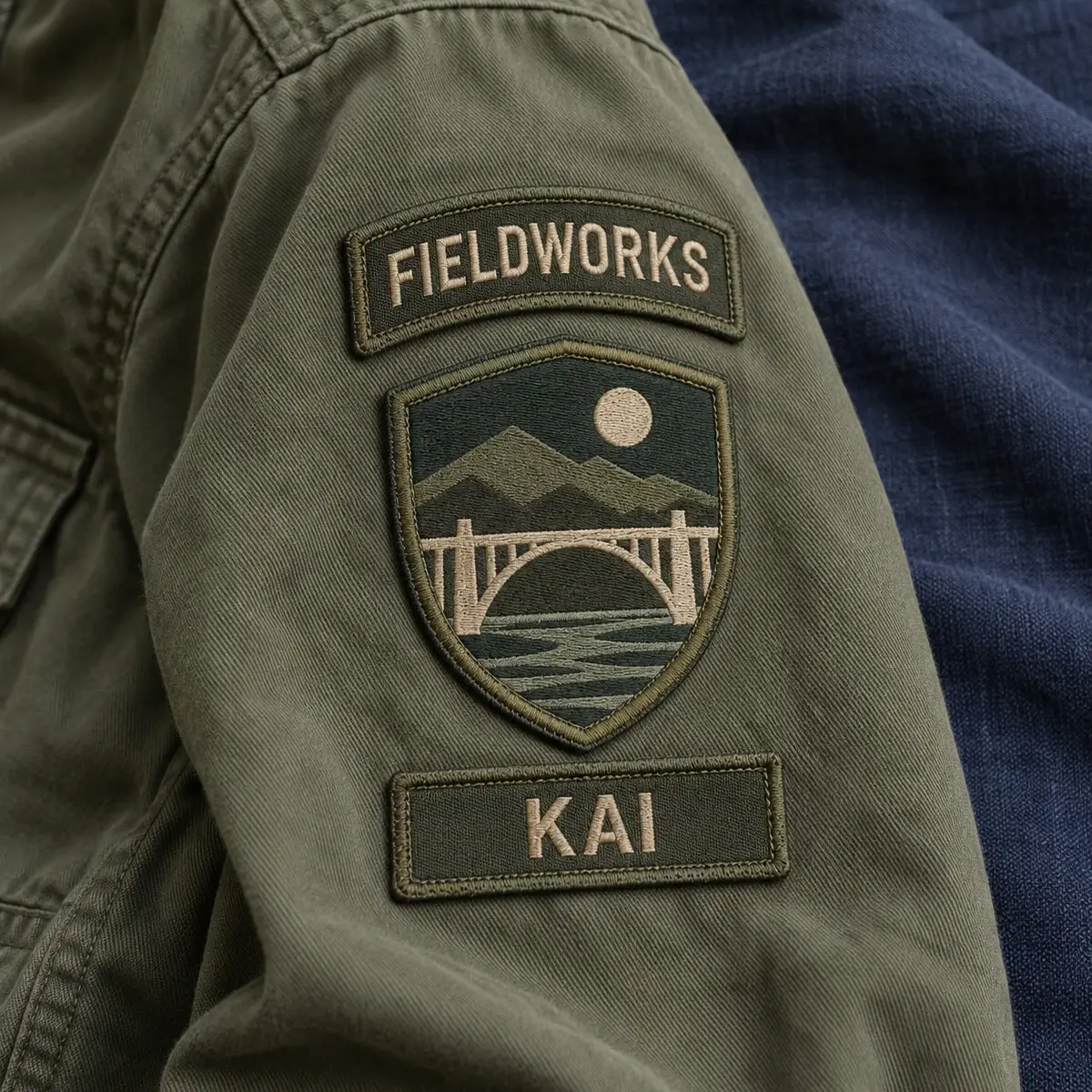 Fieldworks tab, bridge shield and KAI name patches on an olive jacket sleeve.