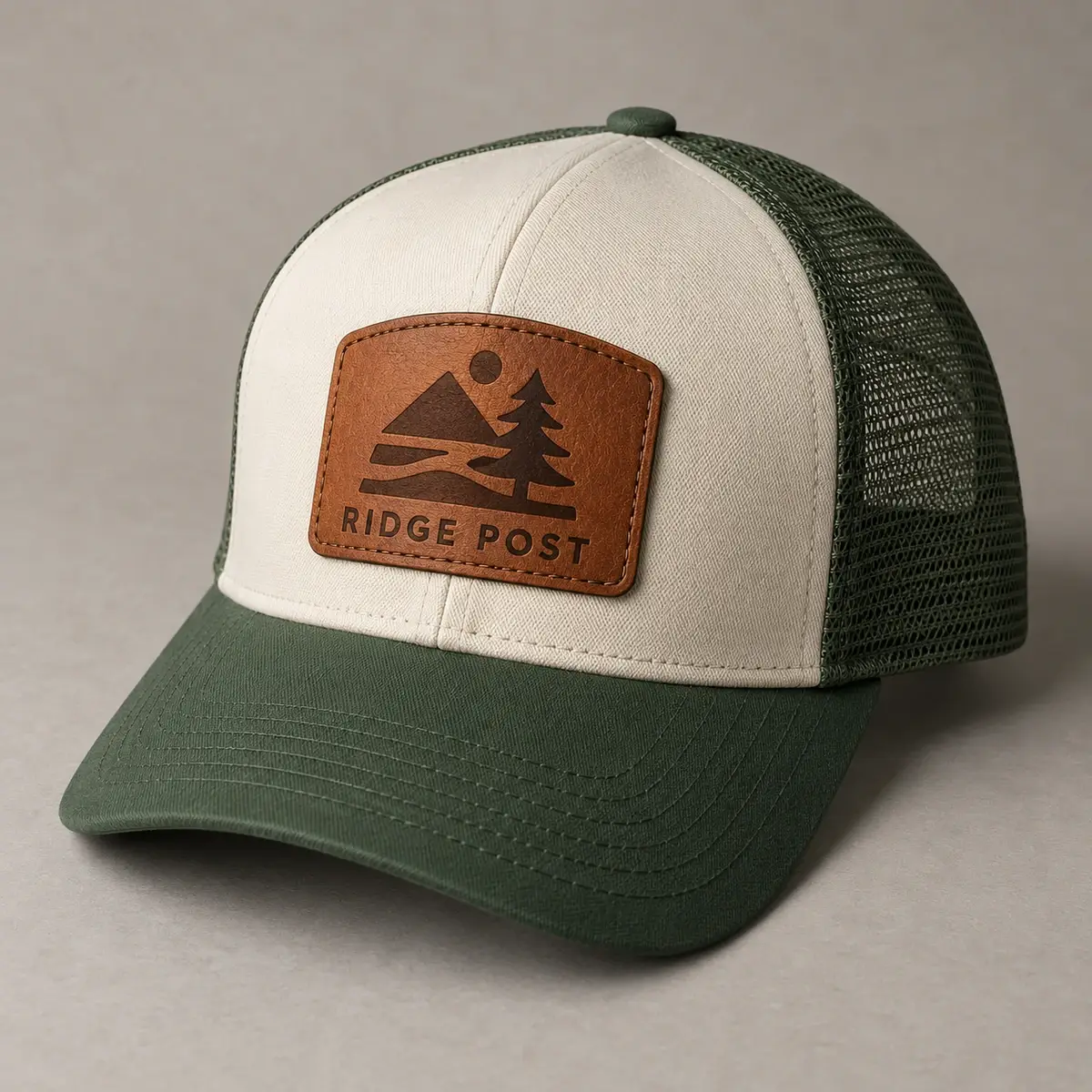 Brown leather Ridge Post patch with a pine and mountains on a cream and green trucker hat.