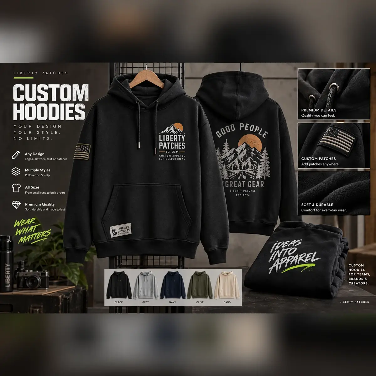 Two black hoodies with Liberty Patches and Good People Great Gear prints.
