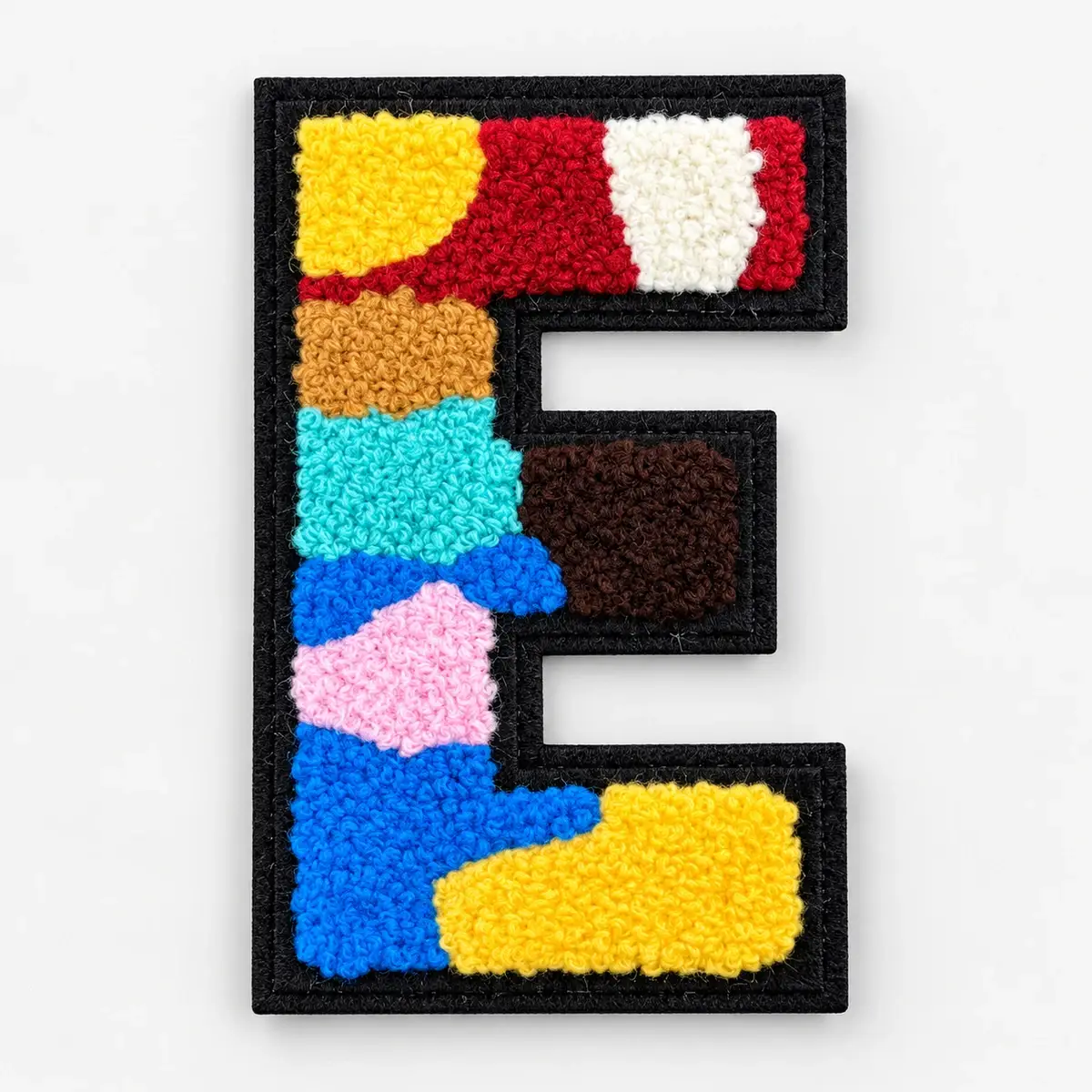 Multicolor chenille letter E patch with a black border.