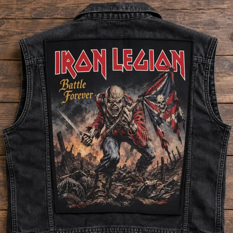 Printed Iron Legion Battle Forever back patch on a black denim vest.