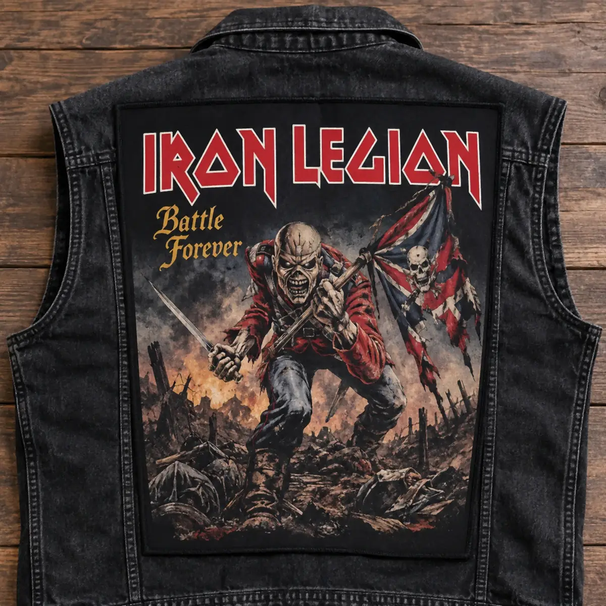 Printed Iron Legion Battle Forever back patch on a black denim vest.