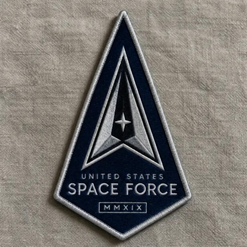 Woven navy delta-shaped United States Space Force MMXIX patch on linen.