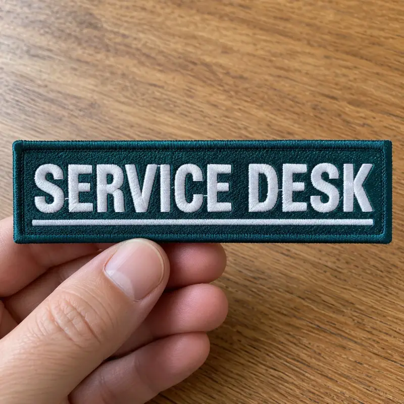 Teal embroidered SERVICE DESK name tag held in hand.