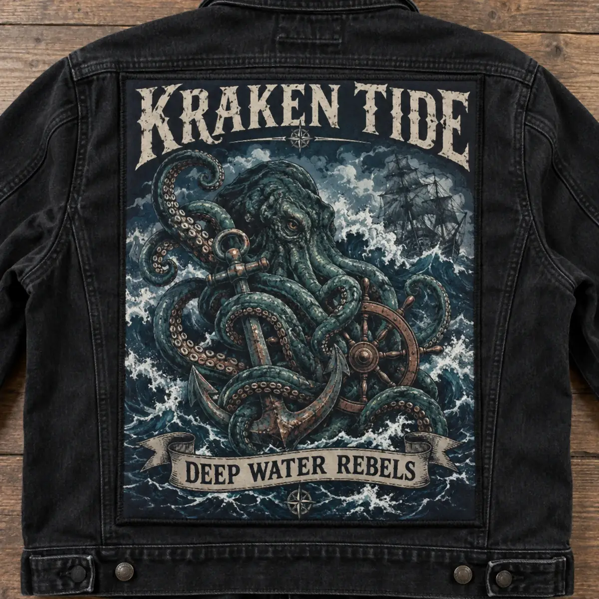 Printed Kraken Tide Deep Water Rebels back patch with a kraken around an anchor on a black denim jacket.