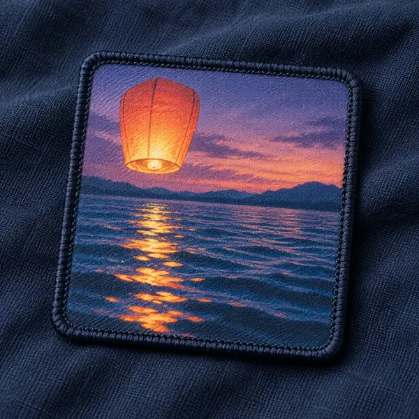 Printed patch showing a floating lantern above the sea at sunset.