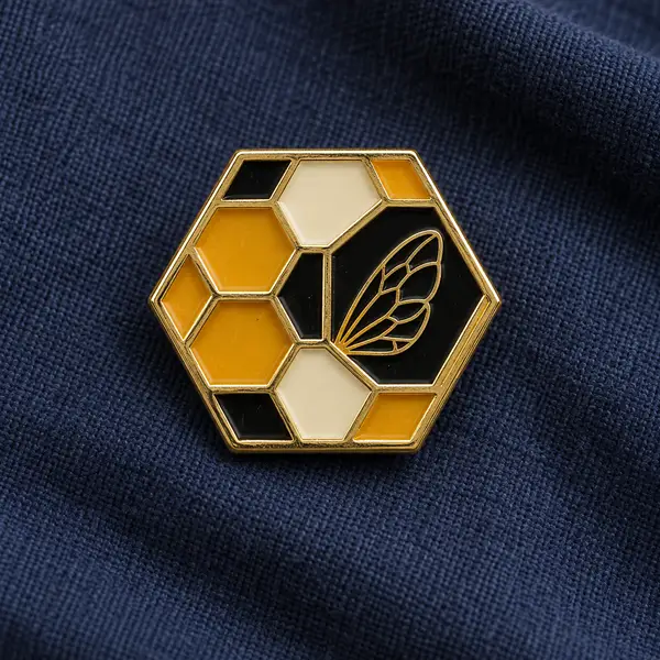 Gold honeycomb enamel pin with cream, yellow and black cells.