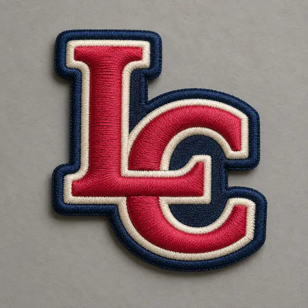 Red raised LC lettering with cream and navy embroidered borders.