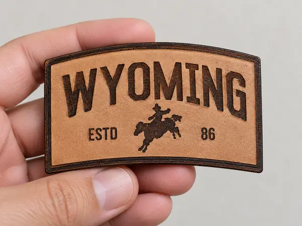 Wyoming leather patch with engraved lettering and a bucking horse.