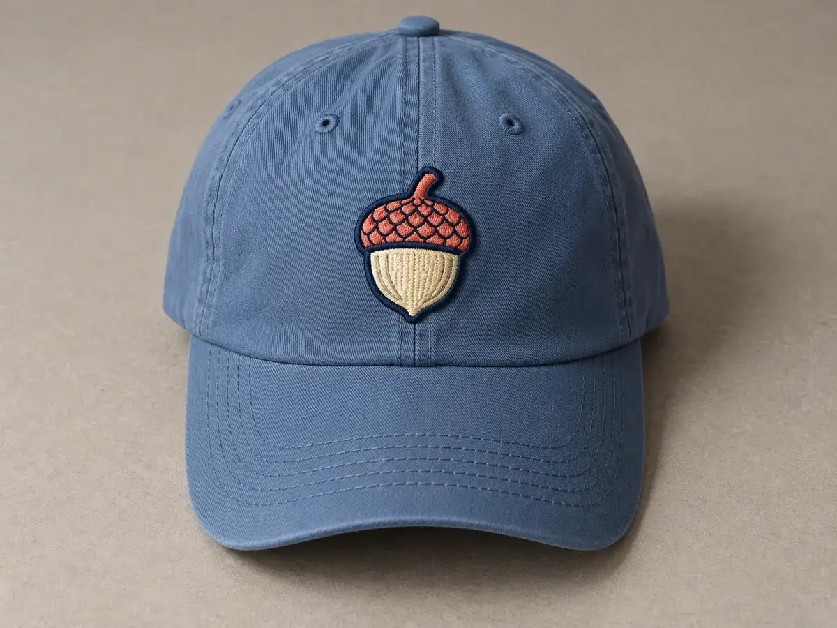 Acorn on blue baseball cap.