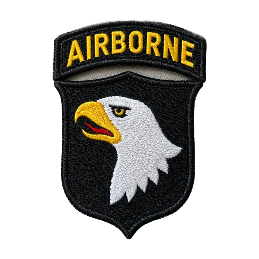 Embroidered Airborne shield patch with a white eagle head on black