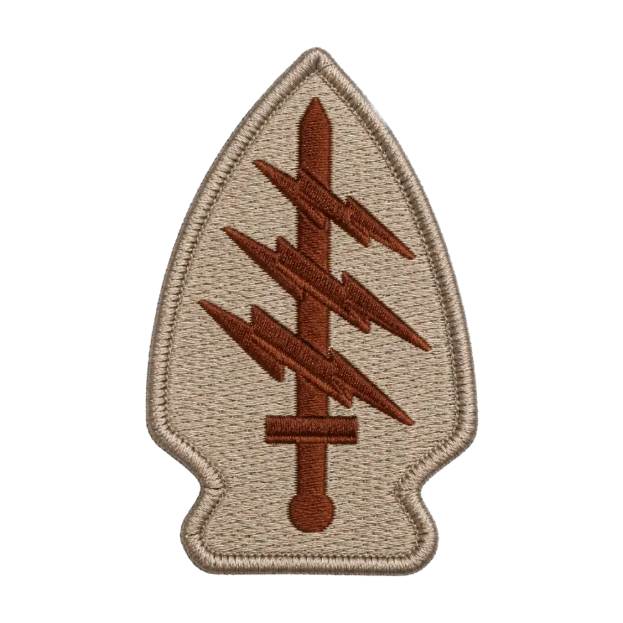 Tan embroidered arrowhead insignia patch with a dagger and three lightning bolts
