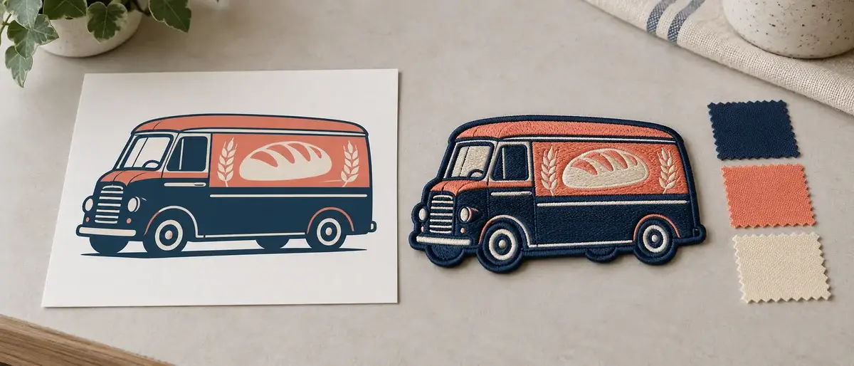 Bakery van artwork and stitched result with swatches.