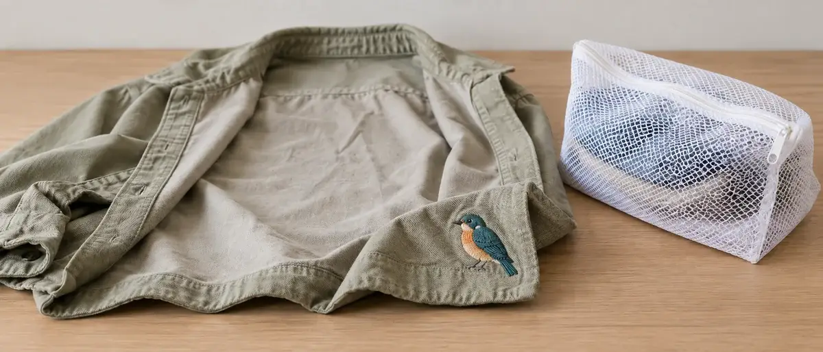 Bird on shirt beside mesh wash bag.