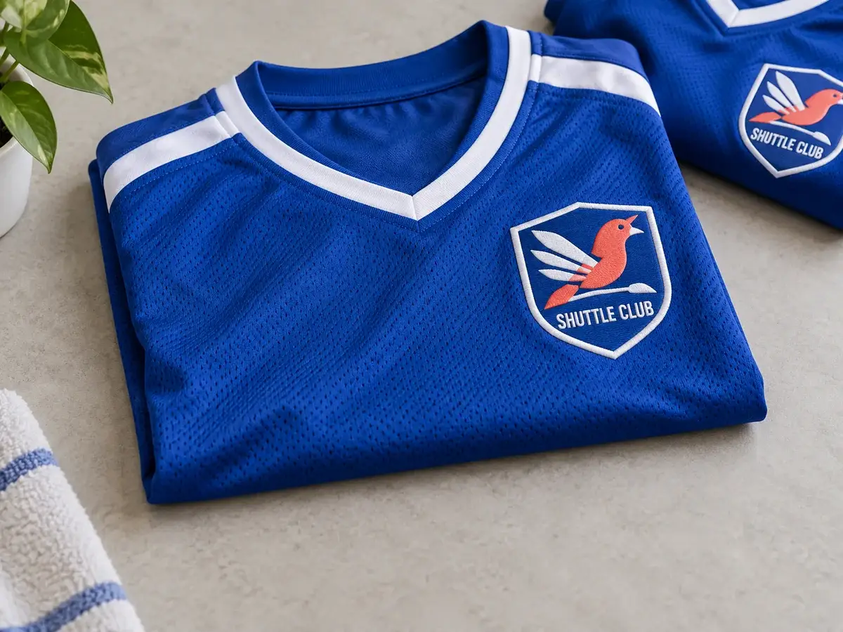 Bird shuttle crests on two blue jerseys.