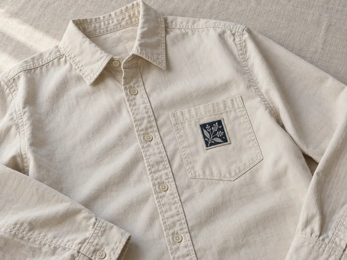 Botanical square on cream shirt pocket.