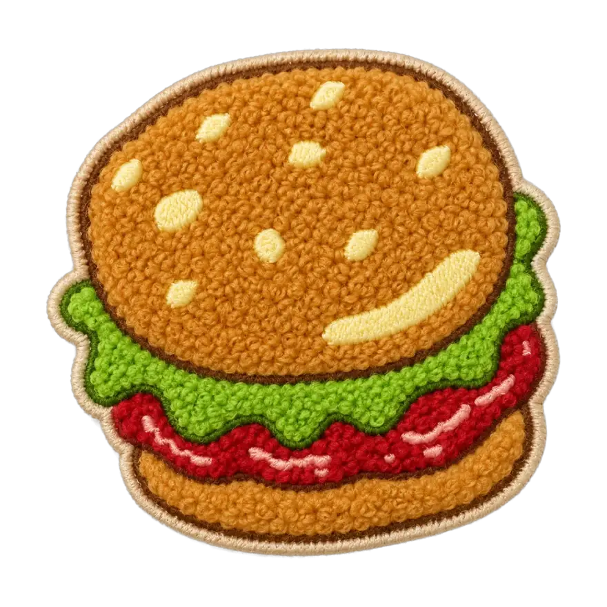 Chenille cheeseburger patch with a textured yarn bun and lettuce