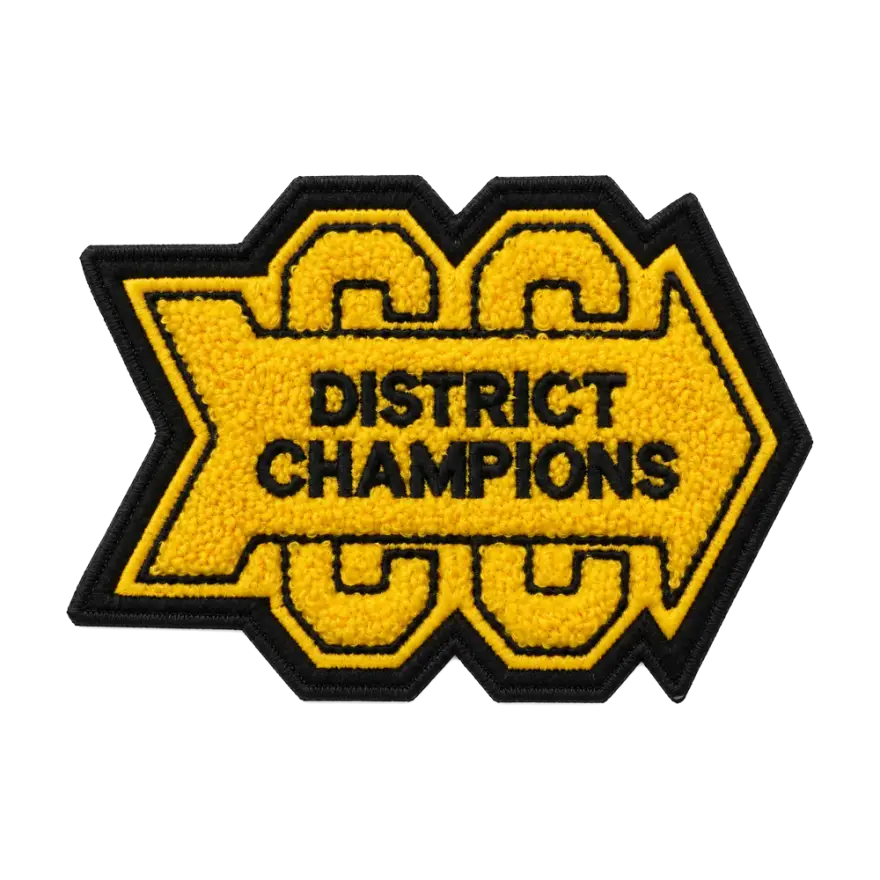Chenille District Champions varsity patch in yellow on a black arrow shape