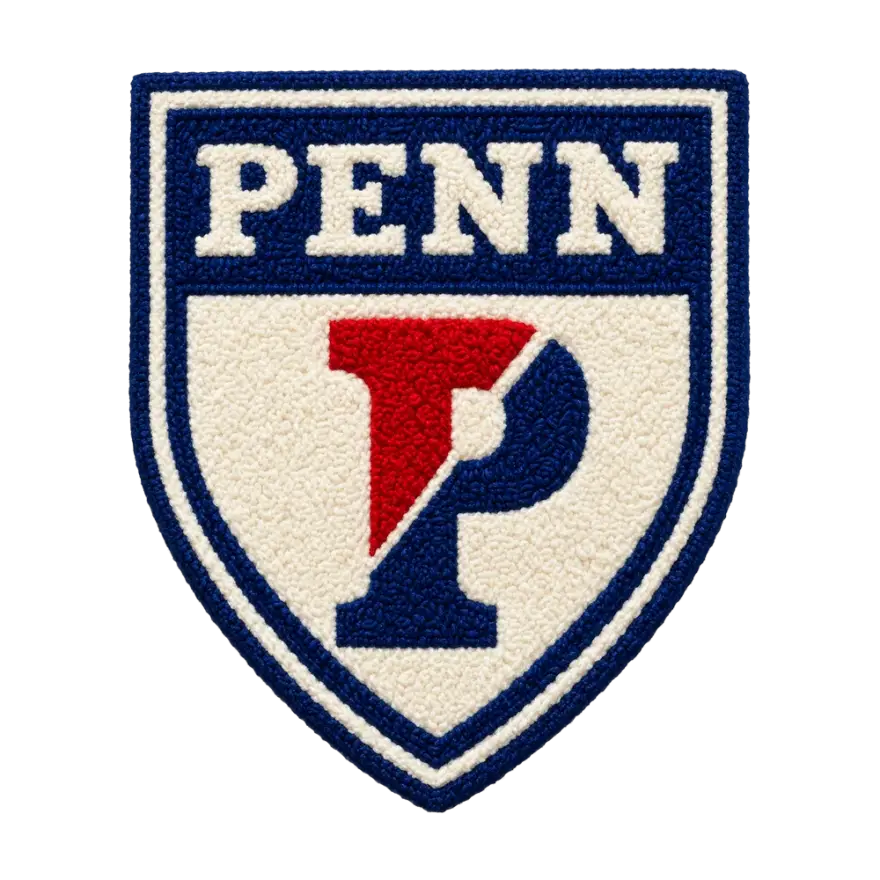 Chenille Penn varsity shield patch with a red and blue P