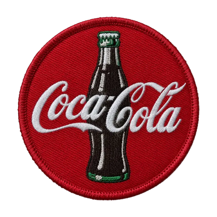 Round embroidered Coca-Cola logo patch with a bottle on a red field