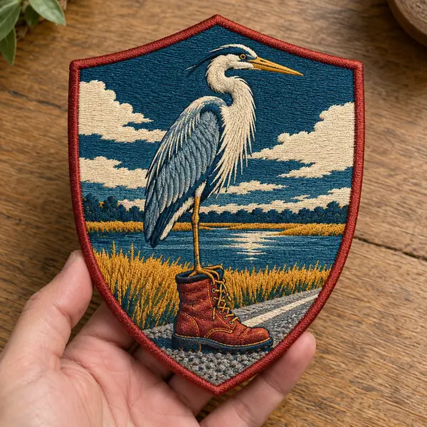 Woven shield patch with a heron standing in a detailed landscape.