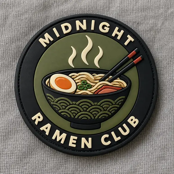 Round Midnight Ramen Club PVC patch with a bowl and chopsticks.
