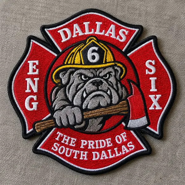 Red and black fire-service patch with a bulldog wearing a helmet.