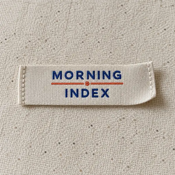 Cream woven clothing label with blue Morning Index lettering.