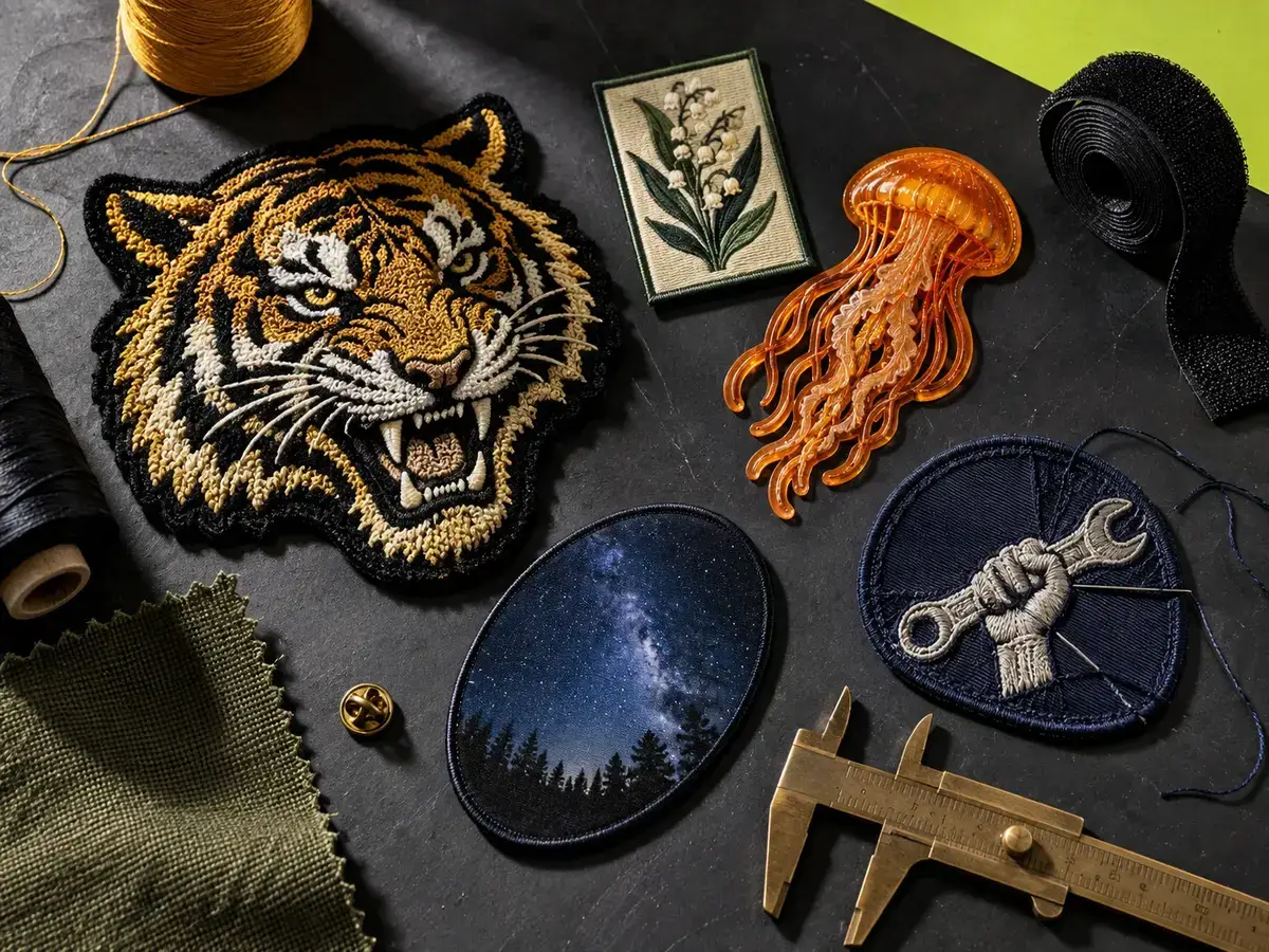 A chenille tiger, woven botanical label, translucent PVC jellyfish, printed night-sky patch and embroidered workwear badge arranged with patch-making materials.