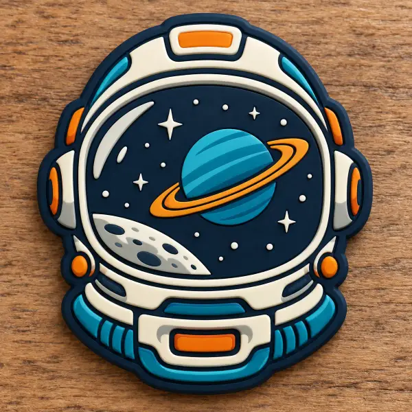 Astronaut helmet silicone patch with a ringed planet inside the visor.